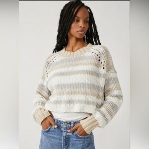 Free People - Devon Open Weave Knit Striped Sweater in Gray/White/Tan